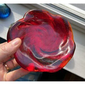 Fenton Red Amberina Swirl Textured Glass Trinket Dish Ashtray 5" Heavy Glows UV
